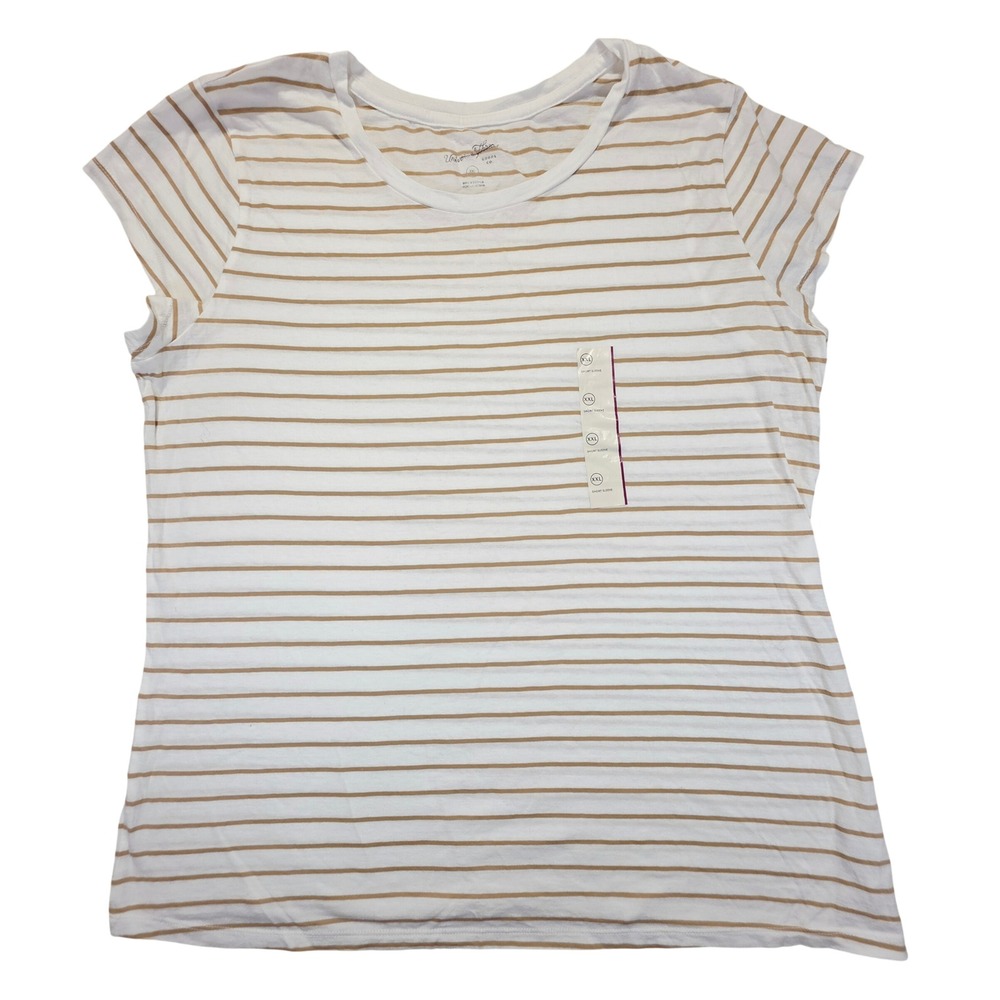 Universal Thread Womens XXL White Tan Striped Short Sleeve Cotton T-Shirt
